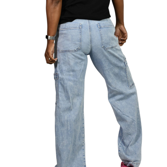 American Eagle High Waist Baggy Jeans Blue Wide Cargo Light Wash Cotton Blend 0 - Picture 3 of 16